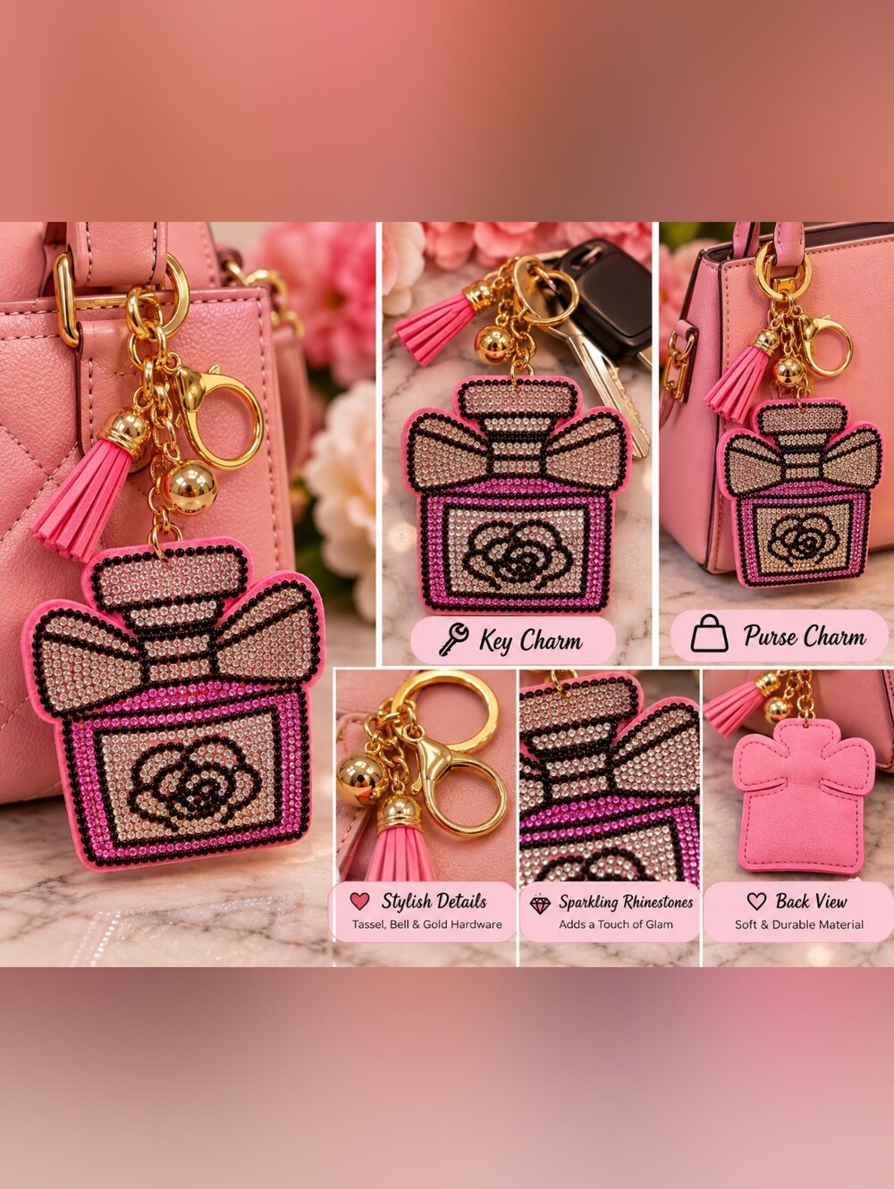💗 Rhinestone Perfume Bottle Keychain / Purse Charm